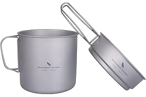 iBasingo Camping Juego de Ollas de Titanio Utensilios de Cocina Ligeros para Exteriores, Taza de 1100ml Y Juego de Platos de 300ml Tazón de Fuente para Picnic con Asas Plegables Ti2053C