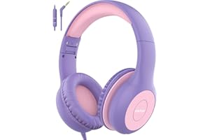 EarFun Kids Headphones, Foldable Headphones for kids, 85/94dB Volume Limiter, Sharing Function, Stereo Sound, Adjustable Headband, Wired Children Headphone with mic for School/Travel/Phone,Purple Pink