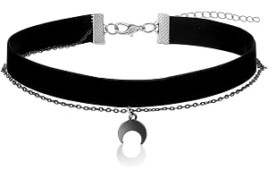 Ouligay Svart gotiskt chokerhalsband för kvinnor - Dubbel svart månkedja - Gotiskt halsband för kvinnor - Halloween Grunge