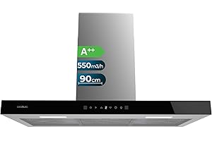 Cecotec Cappa Aspirante 90 cm Flux TT 905500 Glass Black A++. 70W, Finitura Frontale In Vetro Nero, Basso Consumo Energetico, Aspirazione 550M3/H, Touch Control, 3 Livelli, Luce Led, Filtro Carbone