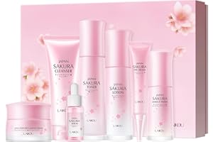 LAIKOU Sakura Ensemble De Soins De La Peau, 7Pièces Coffret Cadeau Femme Soins pour le Visage, Nettoyant, Tonique, Lotion, Contour, Yeux Sérum, Crème, Base de Maquillage, pour Adolescentes et Femmes