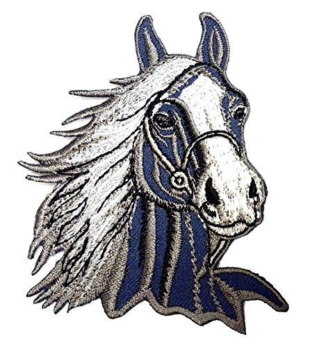 Aufnäher Bügelbild Aufbügler Iron on Patches Applikation Sticker Patch Pferd 7 x 8cm Farbe: Blau-Grau