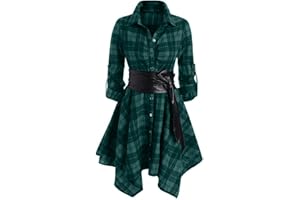 OLIPHEE Femmes Manches Longues Ceinturé Une Robe à Carreaux Chemise en Ligne Casual Tunique Robe