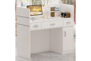 CALDION Banconi della Reception con 3 Cassetti e Ripiani di Stoccaggio Banco Cassa, Tavolo della Reception del Contatore dell'ufficio con Pannello Privato per la Sala della, Cassa dell'atrio Bianco