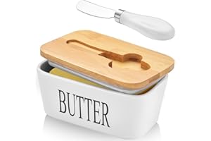CCHONG Ceramic Butter Dish with Lid and Knife Porcelain Butter Container with Butter Cutter Butter Knife Easy Spread Kitchen Accessories Tableware (White)