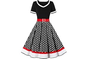 Odizli Rockabilly Kleider Damen 50er Jahre Vintage Kurzarm V-Ausschnitt Polka Dot Swing Coctailkleid Hochzeit Festlich Knielang Kleid