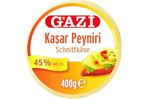 GALRODIN Gazi Kashkaval Schnittkäse - 2x 400gramm Vakuum - Kasar Peyniri Hartkäse Kuhkäse Käse aus Kuhmilch 45% Fett i.Tr. als Pizzabelag, zum Überbacken von Aufläufen, vegetarisch, glutenfrei, Halal