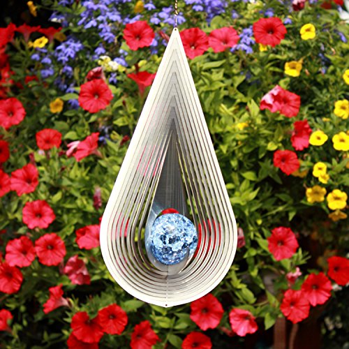 Windspiel aus Edelstahl "TROPFEN" mit 50mm echter Farbglaskugel - Hellblau oder in Wunschfarbe-Wetterfest-