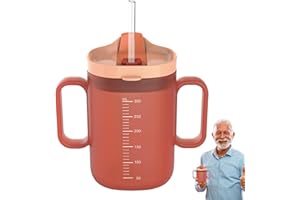BDHYYM Gobelet à bec anti-fuite pour personnes âgées - 300 ml - Avec double poignée et paille - Pour personnes âgées - Avec couvercle - Rappel de capacité