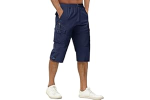 TACVASEN Men's 3/4 Length Shorts Cotton Casual Capri Cargo Shorts Cropped Trousers with Multi Pockets