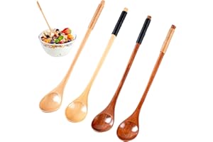 Yuiturt 4 Cuillères en Bois Naturel, Lot de Cuillères Multifonctionnelles Long Manche, Pour Café, Thé, Miel, Soupe et Confiture, Ustensiles de Cuisine Écologiques avec Poignée Antidérapante