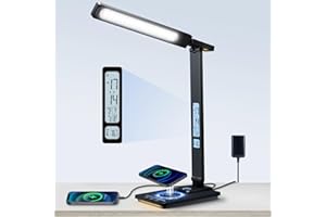 YAMYONE Lampa biurkowa LED z bezprzewodową ładowarką i portem ładowania USB, 5 kolorów, 5 jasności, ściemniana, lampka nocna, wyświetlacz LCD, zegar, lampa stołowa