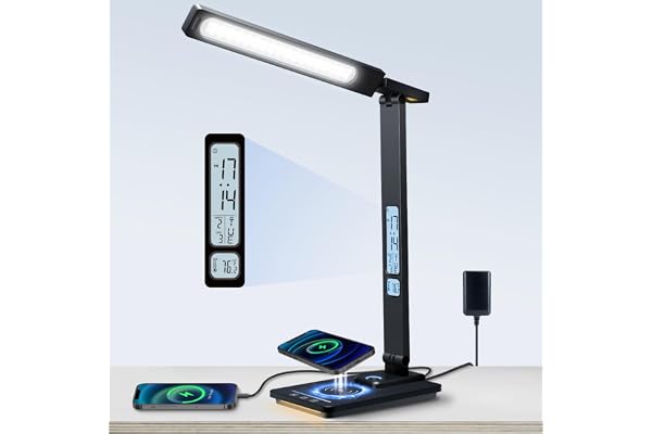 YAMYONE Lampe de Bureau LED avec Chargeur sans Fil & Port USB, Lampe de Table Tactile 5 Couleurs 5 Luminosités Écran LCD 2 Veilleuses Horloge Réveil Température Lampe de Chevet pour Travail Lecture