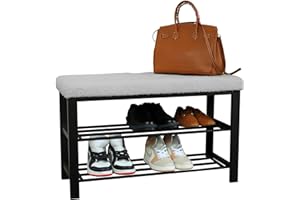 Froppi Premium Ottoman Shoe Bench Storage with Seat, 2-Tier Black Metal Shoe Rack Bench with Seat for Entryway, Bedroom, Closet and Hallway L81.5 W33 H50 cm Grey Teddy Boucle Cushion
