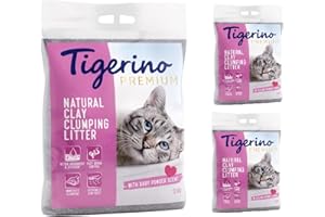 Tigerino Premium Katzenstreu, ergiebige Klumpstreu aus Naturton-Granulat: feinkörnig, schnelle und Starke Klumpenbildung, bindet Gerüche (3x12kg, Babypuder)