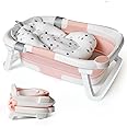 Collapsible Baby Bath Foldable Tub Bathtub Newborn with Seat Support Cushion & Stand Folding Baths for Toddler 0-6 Months Foam Pillow Travel Portable Infant Tubs Soft Bathing Insert Pad Kids Pink