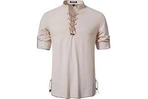 JEMITOP Men's Cotton Vintage Contrast Color Lace Up Shirts for Renaissance Pirate Viking Medieval Costume