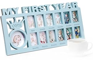 CYSOCOOL Cadre Photo bebe 12 Mois Cadre Photo Multi Photo Bébé Ma Première Année pour 13 Photos Pêle-mêle Cadre Photo Bébé pour Liste de Naissance, Cadeau de Bapteme pour 1er Anniversaire Fille Garcon
