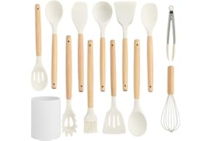 KAIYAYA Ustensiles de Cuisine Silicone 12 Pièces Lot Ustensile Cuisine avec Poignée en Bois Ustensiles Cuisine Antiadhésive Sans BPA passe au Lave-Vaisselle pour Tous Batteries de Cuisine
