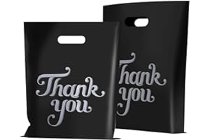 FloraSea 100 Pcs Black 12x15 Thank You Bags, Merchandise Bags, Shopping Bags for Goodie Bags,Boutique, Retail, Party,Gift Bags, Clothes,Reusable Plastic Bags with handles (Black)
