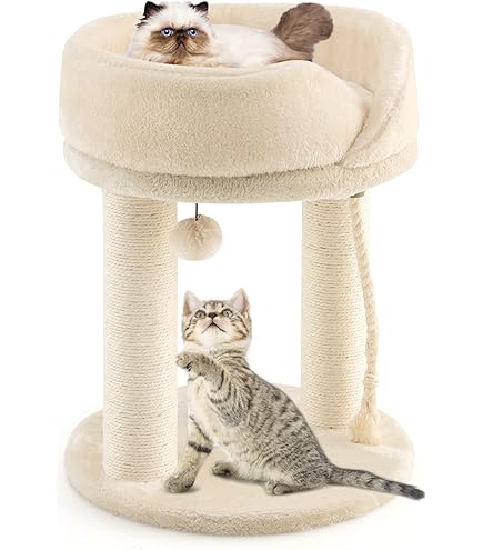 COSTWAY Krabpaal klein, 92 cm, kattenboom met hol van bamboe, kattenkrabpaal met krabplank & verzorgingsborstel & bal & pluche zitting, klimboom voor katten, kattenmeubel, activiteitsboom (grijs