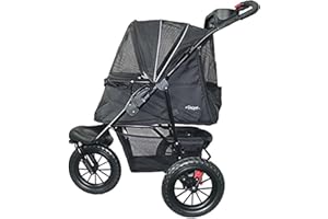 Petique Chinook Schwarz | Luxuriöser Hundebuggy | Vorder- und Hinterräder (30 cm) aus Eva für zusätzlichen | Komfort Reflektierendes Band Für Haustiere bis zu 23 kg