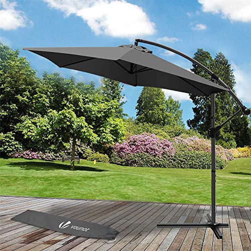 Parasol déporté hexagonale 3M avec Manivelle Anti-Retour | Parasol déporté inclinable | Toile 180 gr/m2 avec protection UV | Hauteur 2m50 - 6 Baleines en acier | Inclus housse de protection Gris