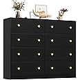 Nicehill Chest of Drawers with 8 Drawers, Wooden Frame & Gold Handles, Fabric Chest of Drawers for Bedroom, Living Room, Hallway, Entryway, Black