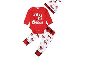 XIXIMAON Bebé Conjunto de Navidad para Recién Nacido 3 Piezas Traje de Ropa Navideña para Niño Top Mameluco de Manga Larga con Letras Mi Primer Navidad + Pantalones Largos + Gorro