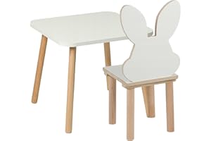 PlayPals Furniture Kindertisch mit Stühlen- Kinder Tisch Stuhl Set aus Holz, 50 x 50 cm- natürliche Sitzmöbel Holz für Kinder- Kinderstuhl-Set Kaninchen