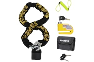 FD-MOTO 1.2M*10mm Steel Motorbike Chain Lock Padlock + Yellow Alarm Brake Disc Lock 7mm Pin + 1.5M Cable + Pouch