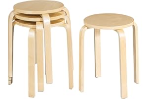 TANGZON 4PCS Stacking Stools, Solid Wood Round Bar Stool with Non-Slip Mats, Upholstered Breakfast Dining Seats for Home Kitchen Office & Classroom (without Padded Seat, Natural)