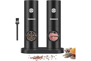 Electric Salt and Pepper Grinder Set,Haomacro 2Pcs Battery Operated Pepper Mills Grinder with Base,Adjustable Coarseness and Automatic Single Hand Operation for Home Kitchen Cooking BBQ