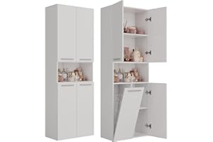 CDF NEL 1K DK wysoka szafka łazienkowa | kolor: biały | nowoczesny regał łazienkowy | szafka do przechowywania | przestronne półki | drzwi | łatwy montaż | 1 kosz na pranie | stylowe uchwyty