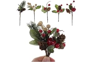 LouisaYork Artificial Pine Picks, 30pcs Christmas Red Berries Pine Cones Stems, Mini Stimulation Red Berries Branches for Xmas Flower Arrangements Wreaths Decorations