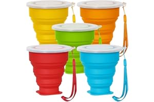 Senhai Tazza da Viaggio Pieghevole a 5 Pacchetti con Coperchio, Tazza Pieghevole Pieghevole 6Oz, Retraibile per Escursionismo Picnic Camping - Blu, Verde, Giallo, Arancione, Rosso