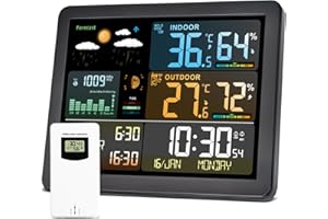 GOYERRNES Estación meteorológica con sensor exterior, pantalla a color, estación meteorológica inalámbrica, medidor de humedad, indicador de tiempo, funcionamiento con batería y funcionamiento con red