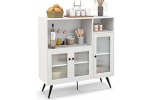 TANGZON Sideboard for Kitchen, Glass Door Storage Cabinet with Open Compartments, Adjustable Shelves, 5 Metal Legs & Anti-Tipping Device, Wooden Buffet Cupboard for Dining Living Room (White)