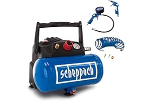 Scheppach HC06 6L Air Compressor | 1200W Oil-Free 200L/min | Compact for Tyre Inflation, Paint Spray Gun, Nail Staple Gun, Air Ratchet | 8 Bar | Inc. Accessory Kit & Hose