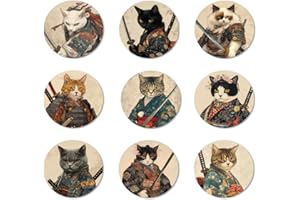 ANATTASOUL 9Pcs Gato Samurái Posavasos Madera, Posavasos De Madera, Reutilizables, Redondos, Drink Coasters, Taza para Café, Bar, Cocina, Restaurante