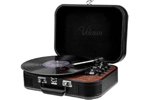 Giradischi Vinile, VOKSUN Giradischi Portatile Vintage con uscita Bluetooth Lettore LP Vinile con 3 Velocità, Valigia USB, In AUX, Linea RCA, Jack Cuffie, Auto-Stop (Nero)