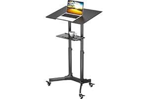 ‎BONTEC BONTEC Regulowane Stojące Biurko z Kołami – Mobilna Stacja Robocza, Laptop Stand z 2 Półkami, Ergonomiczny Wózek Prezentacyjny z Wysokością Regulowaną 103-125 cm, Przechylny, Stabilna Stalowa Rama