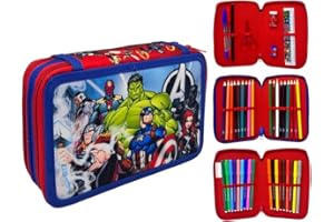 CARTOON Astuccio 3 zip Avengers Marvel completo 44 pezzi per la scuola multiscomparto penne matite colori pennarelli giotto