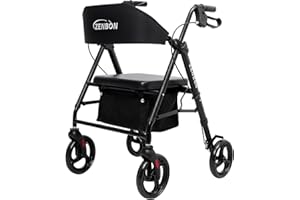 ZENBON Deambulatore per Anziani con Sduta: Girello 4 ruote in Alluminio - Deambulatore Pieghevole con Pneumatici da 20 cm per tutti i terreni - Rollator da viaggio altezza regolabile in 6 posizioni (Nero)