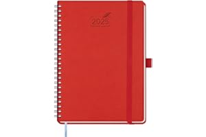 BEZEND Agenda 2025 Semainier Spirale A5 - Planner Hebdomadaire 2025 Vertical avec Couverture Souple en Cuir PU, Onglet Mensuel, Porte-stylo autocollant, 100 GSM Papier, Rouge