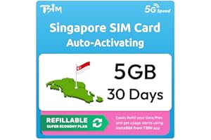 TSIM SIM Singapour | Plan Super Économie Rechargeable 5 Go ! Activation Automatique, validité 30 Jours | Vitesse 5G + Partage de Connexion | Données Uniquement, Aucun Numéro de Téléphone