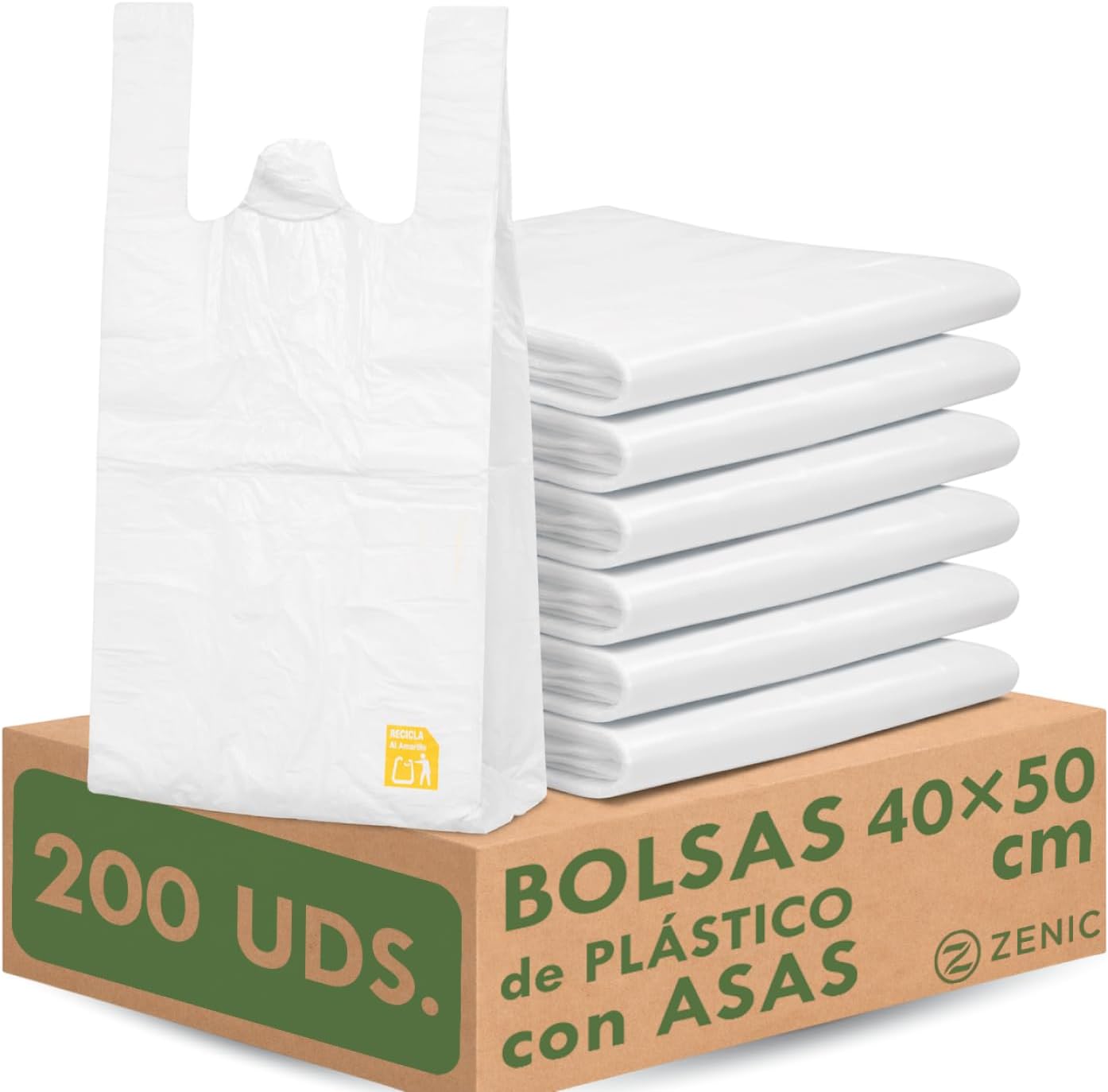 Zenic | Bolsas de Plástico con Asas | 40x50 Cm | 200 Unidades | Duraderas Translúcidas Transparente Resistentes para Fruterias Carnicerias Pescaderias Mercadillo Congelación Convervar Hogar