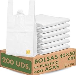 Zenic | Bolsas de Plástico con Asas | 40x50 Cm | 200 Unidades | Duraderas Translúcidas Transparente Resistentes para Fruterias Carnicerias Pescaderias Mercadillo Congelación Convervar Hogar