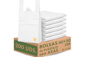 Zenic | Bolsas de Plástico con Asas | 40x50 Cm | 200 Unidades | Duraderas Translúcidas Transparente Resistentes para Fruterias Carnicerias Pescaderias Mercadillo Congelación Convervar Hogar