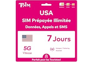TSIM Carte SIM USA 7 Jours. Réseau T-Mobile avec données illimitées à Haute Vitesse en 5G/4G/LTE | Appels et SMS locaux illimités aux USA (Hawaï Inclus). Carte SIM 5G !